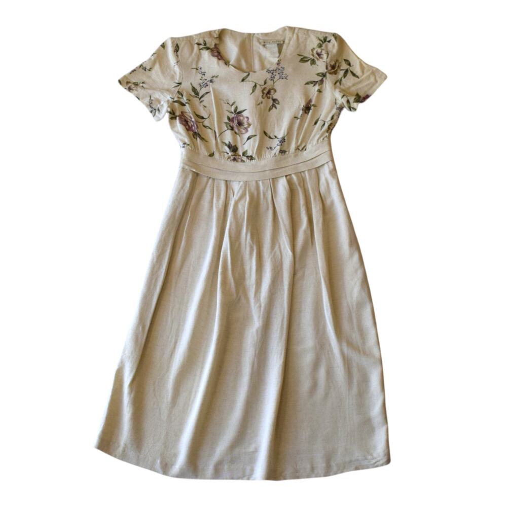 Vintage 90s Floral Empire Waist Midi Dress - Neutral Cream - Size 16
